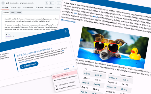 Screenshot of Dodona's collaborative authoring environment in action: rich content courses can be created, stored in (e.g.) GitHub, and shared with other teachers.
