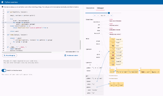 Screenshot of Dodona visual debugger in action: programs can be stepped through line by line, showing the frames, stack and variables at every step of execution.