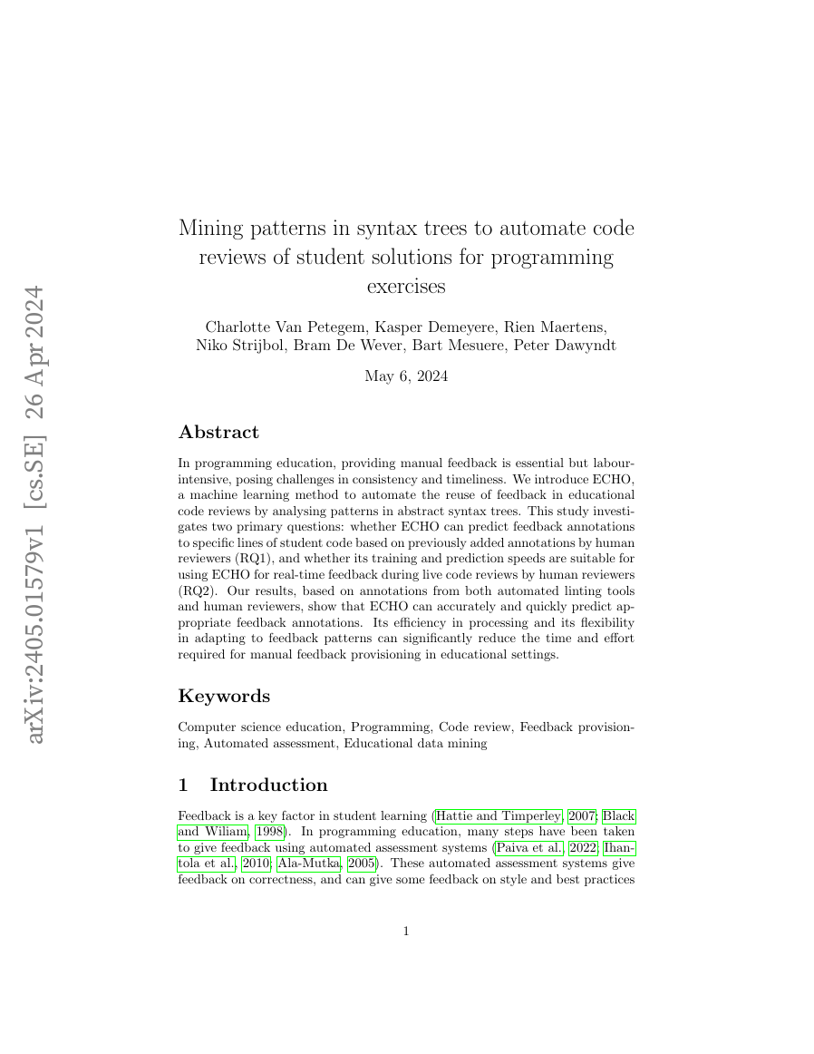Cover image for the publication 'Mining patterns in syntax trees to automate code reviews of student solutions for programming exercises'